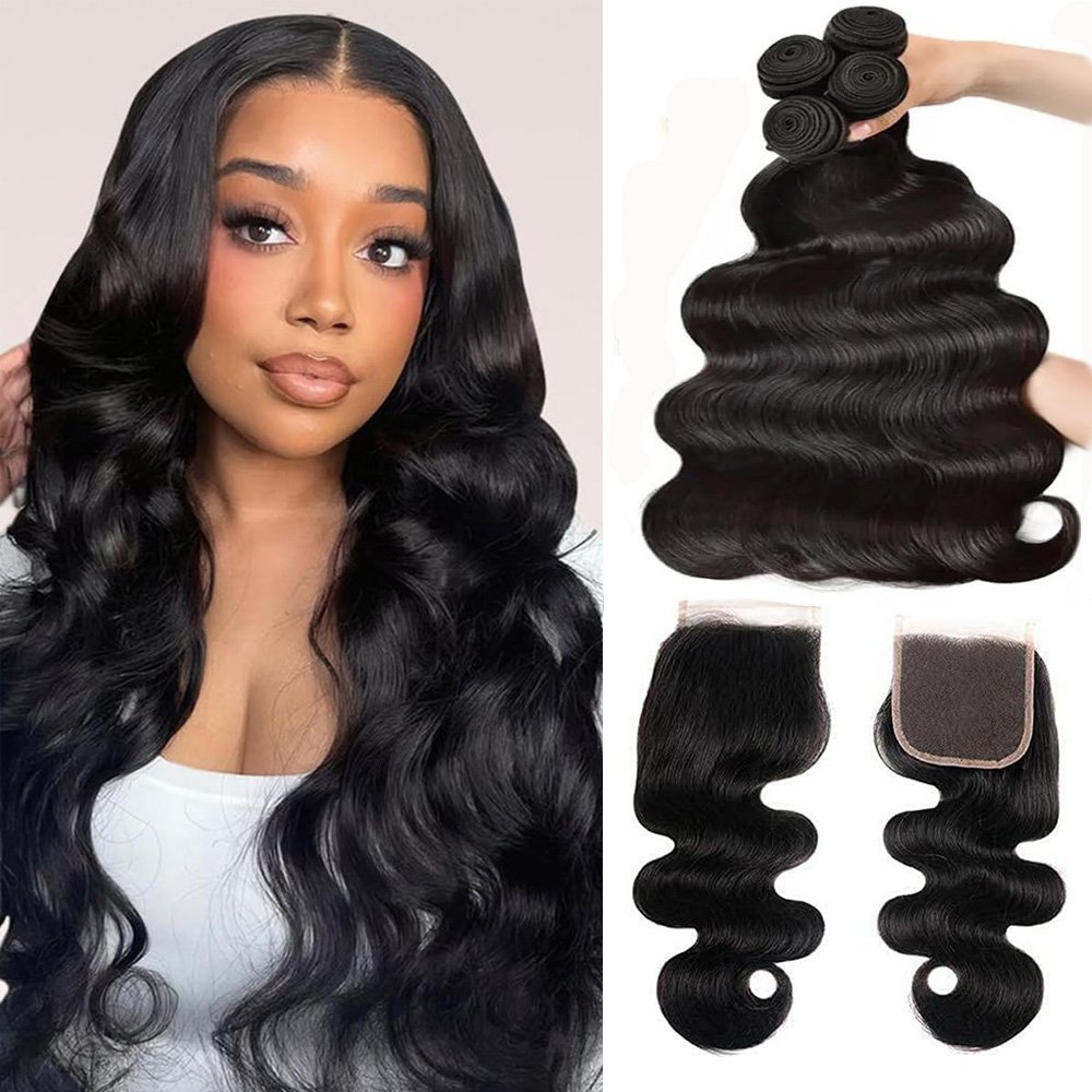 Body wave hair bundle with lace closure